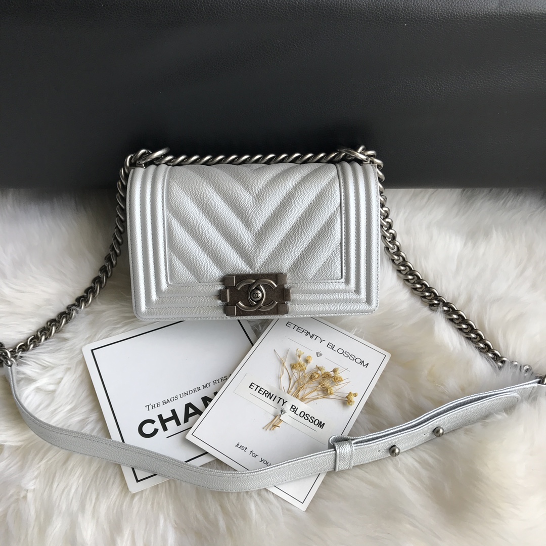 Caviar Small Boy Handbag Flap Bag A67085 Silver